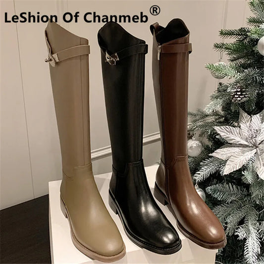LeShion Of Chanmeb Luxury Brand Women Genuine Leather Riding Boot Kneehigh Equestrian Designer Shark Lock Boot Winter Shoe 33-42